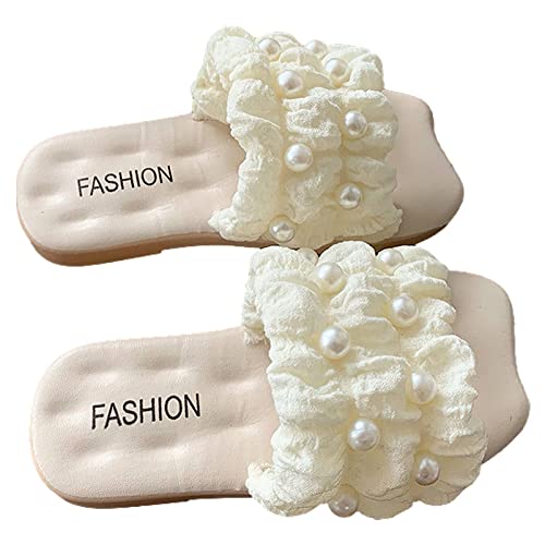 rismart Girls' Pearl Slide Sandals Open Toe Wide Flat Summer Slippers for Indoor Outdoor4