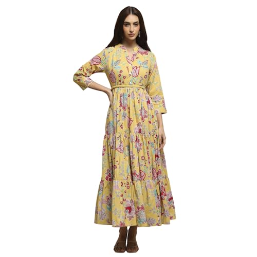 Image of Biba Women's Cotton 3 /4 Sleeves Calf Length Band Collar A-Line Floral Printed Casual Dress