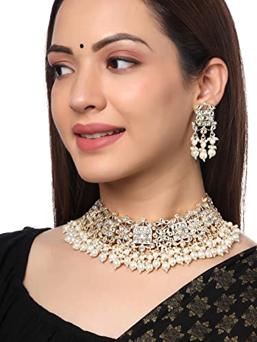 Image of Yellow Chimes Jewellery Set for Women Kundan Studded Beads Drop Choker Necklace Set with Earrings for Women and Girls