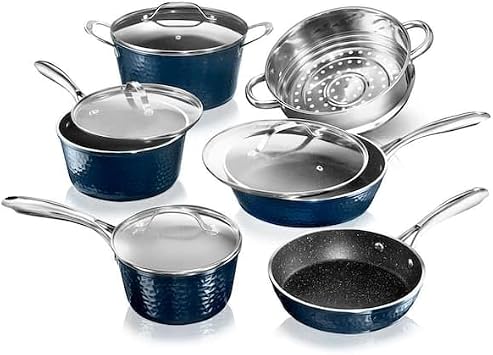 For 10-Piece Aluminum Hammered Ultra-Non-Stick Diamond Infused Cookware Set in Blue