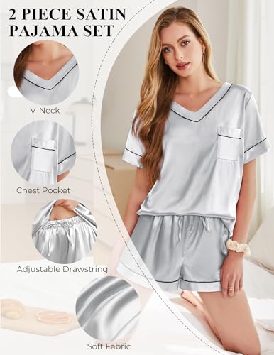Image of Silk Pajamas for Women Short Sleeve Satin 2 Piece Pj Set Soft V Neck Sleepwear Loungewear, S-XXL