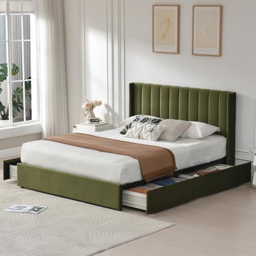 YUHUASHI Upholstered Queen-Size Platform Bed Frame with 4 Storage Drawers and Headboard, Velvet Upholstery with Wooden Slats Support, No Box Spring Required (Grass Green, Queen) by YUHUASHI - Used condition - CA$197.15