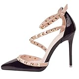 Gummi Sole. Sandaletten für Damen – Sexy, Spitze Zehe, mit Nieten besetzt, Stilettos, Knöchelriemen, Kleid, Party, Bequeme Pumps, Riemchenschuhe aus Lackleder, 10 cm/4 Zoll,Schwarz,38