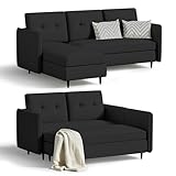 Mixcous Compact Convertible Sectional Sofa - L Shaped Sofa for Small Spaces, Living Room, Apartment, Dorm, Linen Sleeper Couch with Reversible Storage Chaise, Jet Black