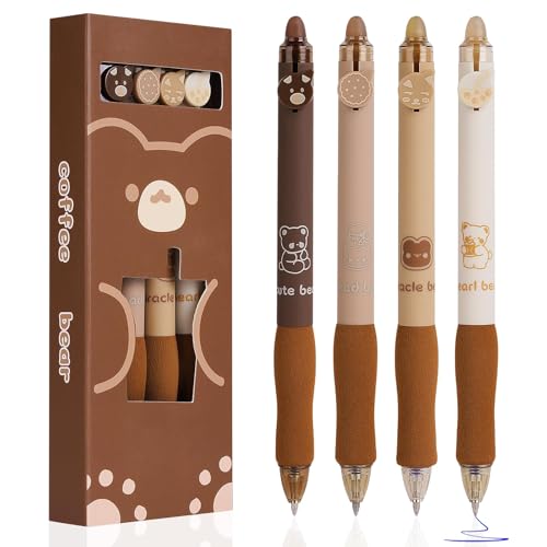 OFFCUP Canetas de gel apagável, 4 peças conjunto de canetas apagáveis, canetas de tinta de gel azul de 0,5 mm, canetas apagáveis retráteis de lindo com apagador superior (urso café)