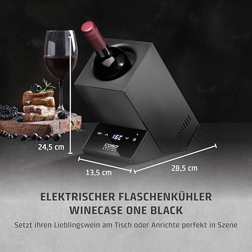 CASO WineCase One Black - Design Weinkühler für eine Flasche, Temperaturbereich von 5-18°C, für Flaschen bis 9 cm Ø, Sensor-Touch Bedienung, Schwarzes Edelstahlgehäuse