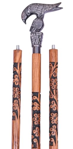 Floral Carved Wooden Walking Stick with Brass Skull Raven Handle Vintage Decorative Cane for Everyday Use Handcrafted Luxury Walking Cane for Men & Women Gift & Collector Item
