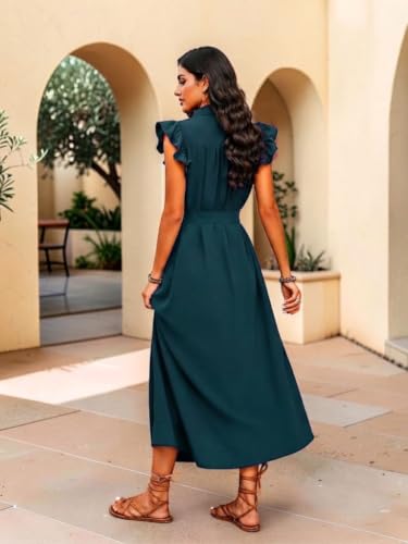 Image of OOMPH! Women's Shirt Midi Dress | Ruffle Sleeves | Button-Down Front | Waist Belt Detail | Collared Neck Casual & Vacation Dress