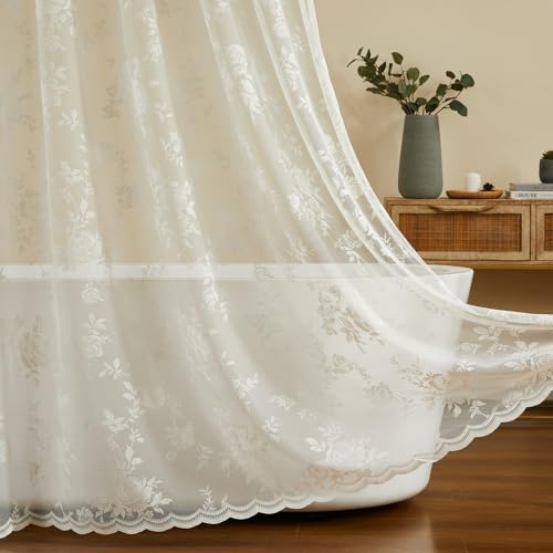 Ivory Lace Shower Curtain for Bathroom Romantic Floral Shower Curtain with Attached Valance Romantic Cream Luxury Lace Vintage Shabby Chic Bath Curtains for Master Bath Apartment Women 1 Panel 72x72