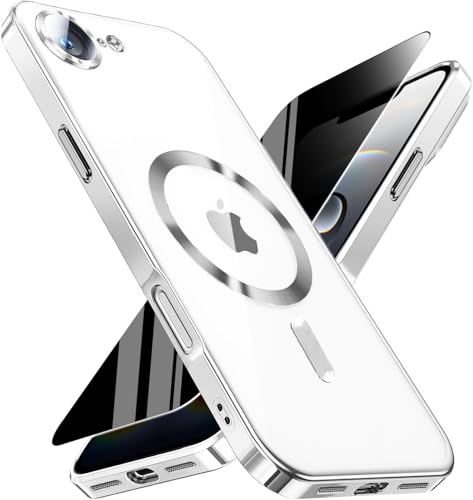 Image of Magnetic for iPhone 17e /16e Case with Privacy Screen Protector & Full Camera Cover,[Non-Yellowing] Plating Glossy Soft Shockproof Clear Phone Case with MagSafe Women Girls for iphone 16 e / 17 e,Silver