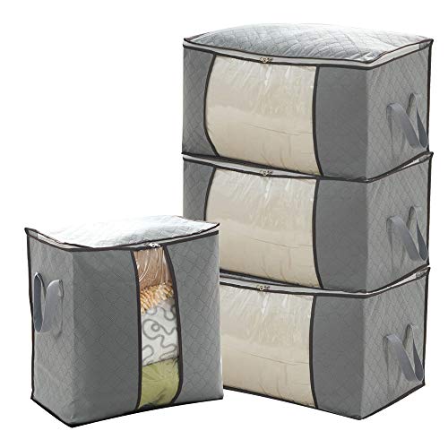 BONAOK Sac de Rangement Non Tissé, Lot de 3 1 Sacs avec Fenêtre Transparente pour Couette Vêtement Oreiller Jouet, sous Lit Dortoir Chambre Placard (84L Gris)