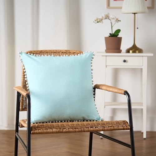Image of 100% Cotton Pom Pom Cushion Without Filler, Elegant & Modern Cushion Cover for Living Room, Square Shape, 16 inchx16 inch, uni Chambray, Set of 5 - Baby Blue
