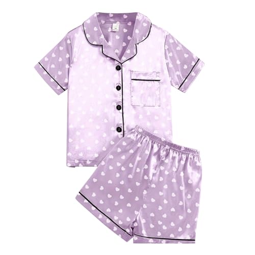 Kids Girls Silky 𝐏a𝐣amas 2 PCS Soft 𝐒lee𝐩wear Heart Print Short-Sleeve 𝐍𝐢ghtwear Cute Shorts 𝐏𝐣s 𝐋oun𝐠ewear Set