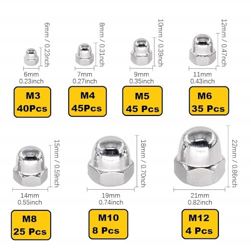 Image of Epi-Torque 202 Pcs Stainless Steel Serrated Metric Acorn Cap Nuts Hex Dome Cap Assortment Kit, 7 Sizes - M3 M4 M5 M6 M8 M10 M12