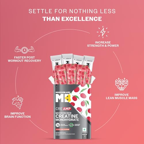 Image of MuscleBlaze Micronised Creatine Monohydrate CreAMP Powder, 7 Sachets | Lychee Swirl | Trustified Certified Creatine