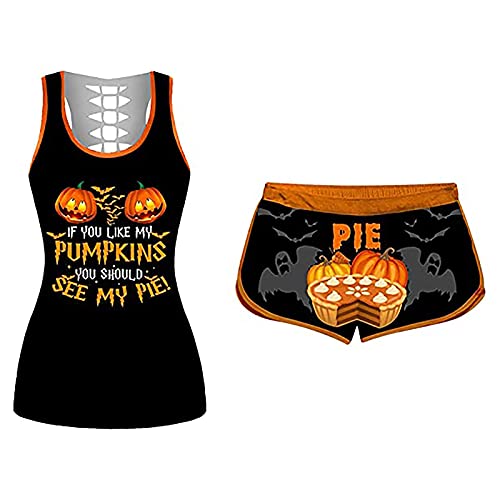 Conjunto de pijama sin mangas de Halloween para mujer, talla grande, conjunto de pijama casual de calabaza de 2 piezas, camiseta corta, A, XL Cover