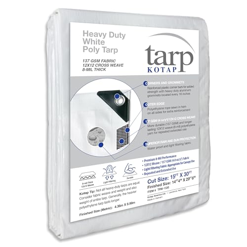 Kotap 15 x 30 Ft. Heavy-Duty Protection/Coverage Tarp, Superior Weave for Greater Longevity 8-mil, Multi-Use, Waterproof, White, 1-Pack (TRW-1530)