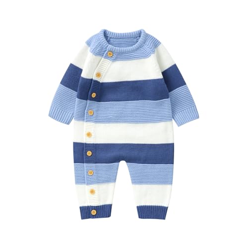 Image of Doisbetthsay Baby Sweater Romper Girl Boy Newborn Clothes Long Sleeve One-piece Jumpsuit Knitted Outfits For Fall Winter (A Blue, 0-3 Months)