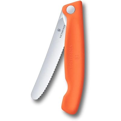 Victorinox Swiss Classic 4 1/2" Inch Folding Picnic Knife for Hiking, Fruits, Vegetables, Rolls, Sausage, Serrated, Round Blade, Orange