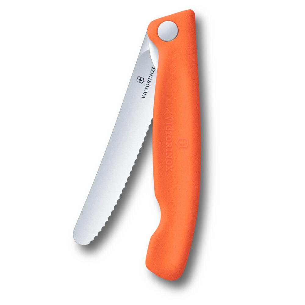 Victorinox Swiss Classic Foldable Picnic Knife for Hiking, Fruit, Vegetables, Bread Rolls, Sausage, Serrated Edge, Extra Sharp, Orange — image 1