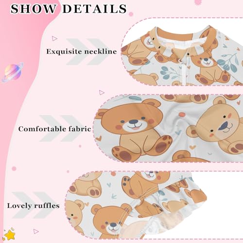 Cute Teddy Bears Girls Long Sleeve Swimsuit Rash Guard One Piece Bathing Suits Zipper 3-12T4