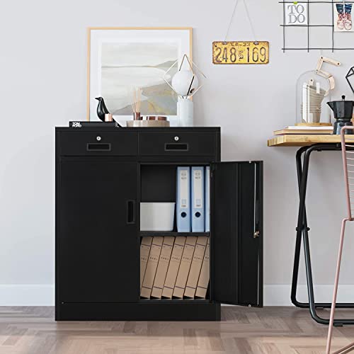 Cjf Metal Storage Cabinet With 2 Doors And 2 Locking Drawers, Steel Storage Cabinets For Office/Home 36.2" H X 31.5" W X 15.7" D (Black) #TOP5