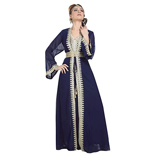 MaximCreation Abayas for Women Dubai Caftan Maxi Evening Dress Jalabiya with Lace Work Regular to Plus Size (l) Navy Blue