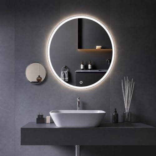 Image of Round Circle Bathroom LED Mirror Backlit with 3 LED Lights Smart Touch Switch Wall Mounted Vanity Mirror with Demister Defogger Dimmable Warm White Natural Light Simple Border Design