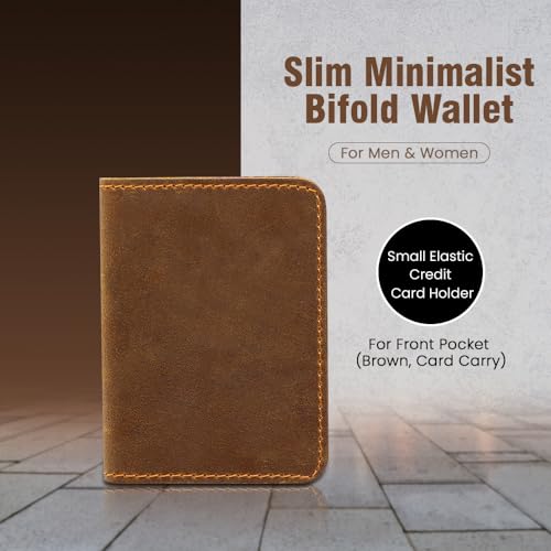 Slim Minimalist Bifold Wallet for Men & Women, RFID Blocking, Thin slim Bifold Design, Genuine Leather, Ultra Strong Stitching, Small Elastic Credit Card Holder for Front Pocket (Brown, Card Carry)2