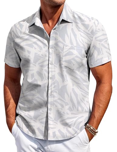 COOFANDY Mens Hawaiian Shirt Short Sleeve Casual Button Down Shirt Flower Printed Beach Tops Summer Holiday Shirt Regular Fit with Pocket Leaf-Light Purple XXL