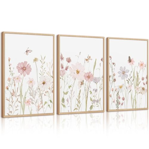 Image of Lhoiplme Wildflower Nursery Wall Art Pink Watercolor Floral Painting Baby Girl Nursery Canvas Wall Decor Vintage Botanical Flower Picture Boho Wildflower Prints for Bedroom 12x16x3 Inch Unframed