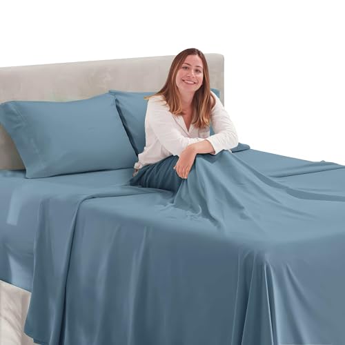 Image of Hearth & Harbor Extra Deep Pocket Queen Sheet Set, Stone Blue | 4 Piece Cooling Bed Sheets Set, Ultra Soft & Breathable, Fits Up to 24 inch Mattress, Wrinkle & Fade Resistant, Hotel Luxury