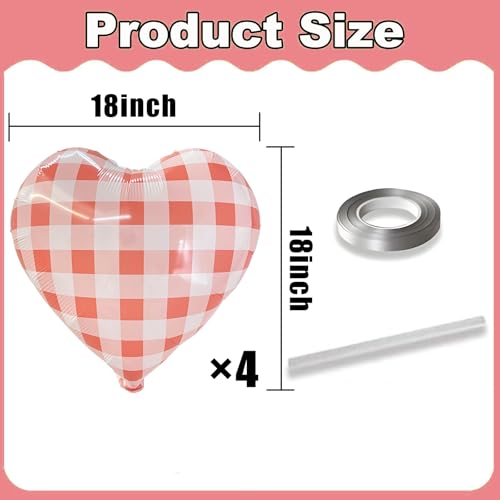 Image of 4pcs 18 inch Red Heart Checked Balloons Checkerboard BBQ Picnic Ballons Striped Plaid Heart Foil Balloon for Picnic Party Decorations BBQ Party Decor Love Birthday Party Baby Shower Versatile Party Decor