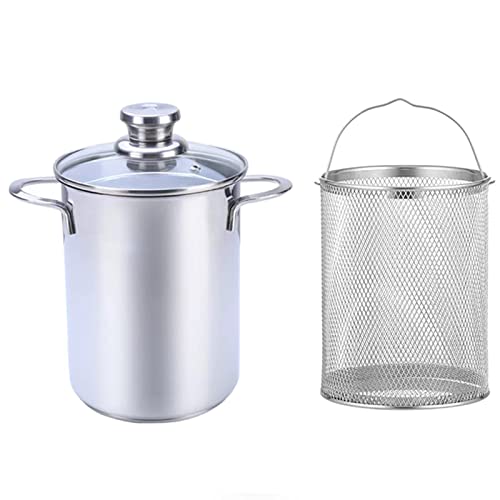 4.2L Asparagus Pot 304 Stainless Steel Asparagus Vegetable Steamer Pasta Cooker, Oil Deep Fry Pan Wit Basket and Lid for Home Kitchen Restaurant Cookware (Silver)