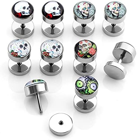 JOVIVI 10pc Skull Stud Earrings Mens Women, Stainless Steel Skul Ear Stud Set Silver Punk Skull Earrings Ear Piercing Jewellery Boys,00G Cheater Fake Ear Plugs Barbell Stud Screw Earring