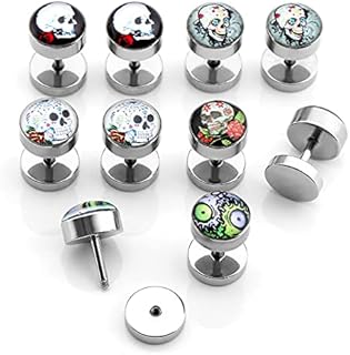 JOVIVI 10pc Skull Stud Earrings Mens Women, Stainless Steel Skul Ear Stud Set Silver Punk Skull Earrings Ear Piercing Jewellery Boys,00G Cheater Fake Ear Plugs Barbell Stud Screw Earring