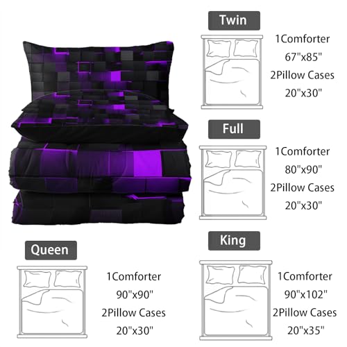 Image of Nttopship Neon Purple Black Comforter Set Full Geometric Kids Bedding Set,3 PCS Geometry Honeycomb Bed Set Modern Quilt Set 1 Comforter 2 Pillow Cases Cool Room Decor All Season B-Side Black
