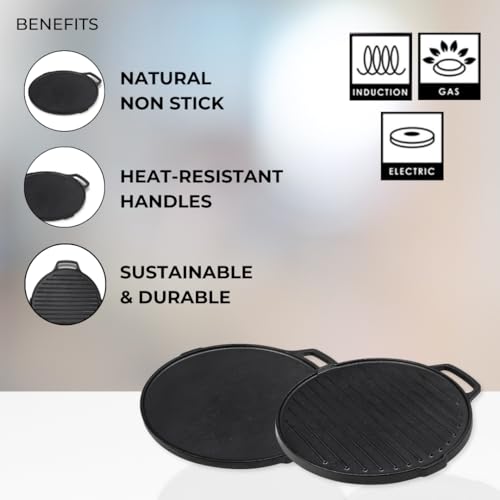 Image of Pencil Pre-Seasoned 2 in 1 Cast Iron Dosa & Griddle Tawa 25 cm | Compatible with Gas Stoves & Induction | Naturally Nonstick | 100% Pure & Toxin-Free | No Chemical Coating | Long-Lasting | Black