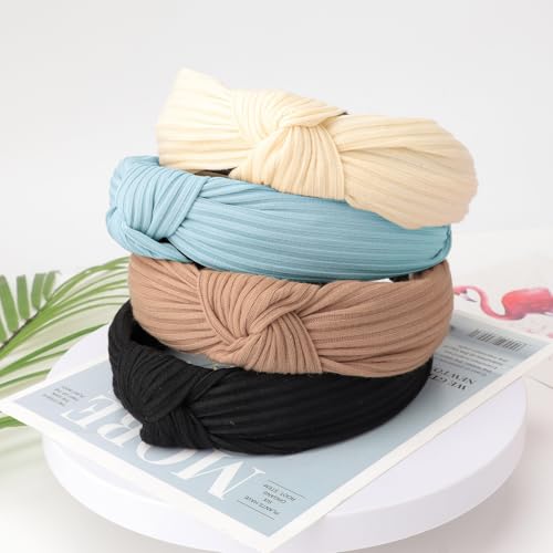 Image of DRESHOW 4 Pack Knotted Headbands for Women Wide Turban Headband Yoga Exercise Ribbing Head Wraps Hair Bands Accessories
