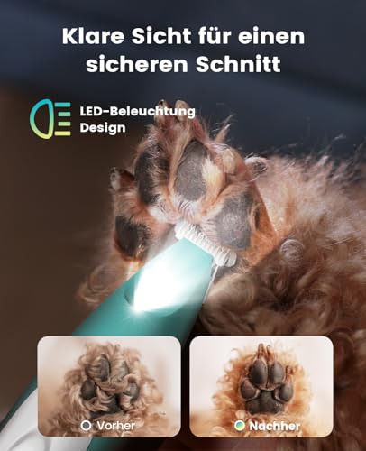 oneisall Pfotentrimmer für Hunde extra leise, Kabeloser Hundepfoten Trimmer mit LED-Licht, Wiederaufladbar Schermaschine Hund Hundeschermaschine für Pfoten, Augen, Ohren, Gesicht (Grün)