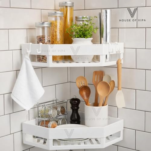 Image of HOUSE OF VIPA No Drill Bathroom Corner Shelf Organizer | Wall Mounted Plastic Corner Rack for Bathroom & Kitchen | 2-Tier Shelves with 4 Hooks | Rustproof, Heavy Duty Storage | (Set of 2) White
