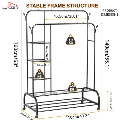 Image of Lukzer Metal Garment Stand with 6 Shelves & Double Rods, Heavy-Duty Clothing Rack with Side Hooks & Wheels, Multi-Functional Storage Organizer for Bedroom, Laundry & Entryway - (MGS-008 /Black)