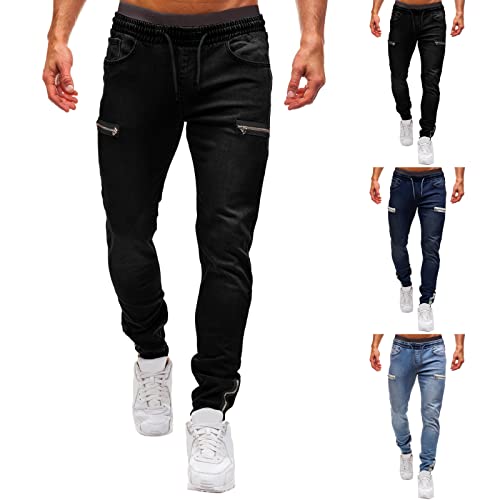 Image of Mens Zip Pockets Trousers, Mens Solid Coloured Jeans Stretch, Fashion Casual Denim Pants Plain Lace-Up Trousers Classic Straight Leg Denim Pants Comfy Slim Fit Sweatpants With Zipped Pockets For Men