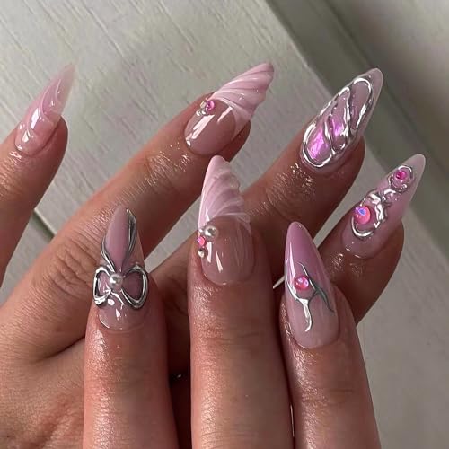 24Pcs French Press on Nails Long Almond RIICFDD Fake Nails 3D Bows & Pearl Nail Charms Press on Nails with Sliver Line Designs False Nails Glossy Acrylic Full Cover Glue on Nails for Women Girls