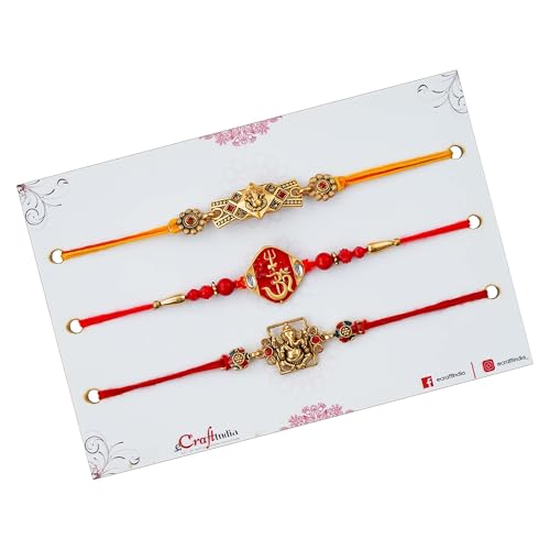 Image of eCraftIndia Set of 3 Peacock Designer Rakhis for Brother Bhabhi Kids Bhaiya | Raksha Bandhan Rakhi Combo Hamper