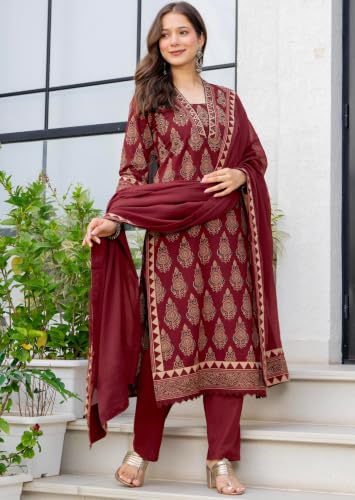 Image of Amayra Woman's Pure Cotton Straight Kurta Sets with Pant & Dupatta|Kurti Set for Woman|Suit Set for Women Cotton