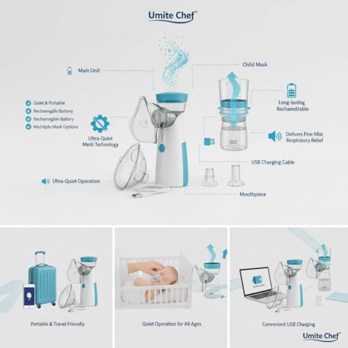 Image of Umite Chef Portable Mesh Nebulizer Machine for Adults & Kids | Rechargeable Handheld Steam Inhaler | Silent Mini Nebulizer for Asthma, Cough, Breathing Therapy | USB Powered - Blue