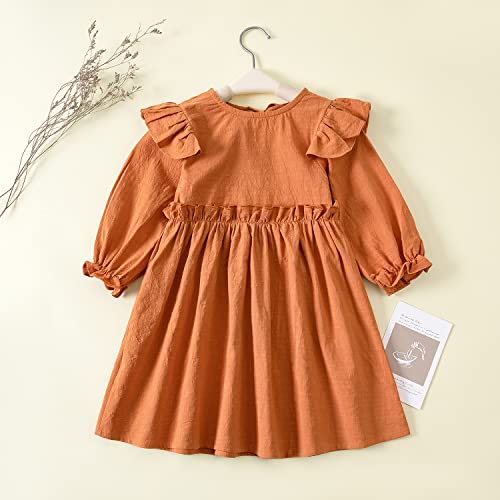 Goodplayer Toddler Girl Cotton Linen Dress Long Sleeve Ruffle Fall Dress Kids Solid Dresses Casual Clothes （12-24 Monthes,Caramel Dresses #TOP1