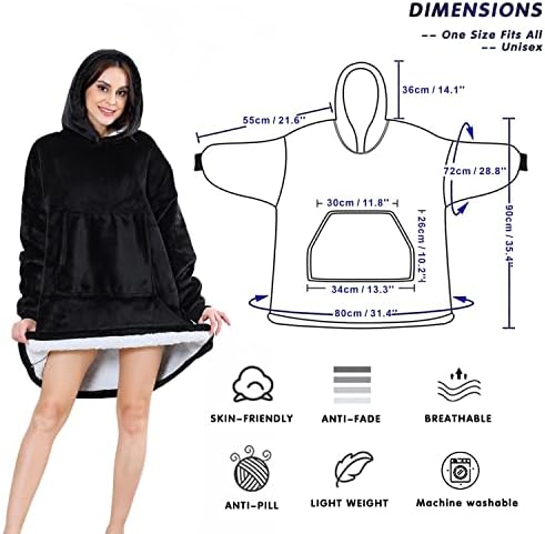 Hoodie Blanket Ultra Soft Warm Cosy Oversized Sherpa Pullover Wearable Hoodie Sweatshirt Blanket with Big Pocket One Size Fit All Women, Men, Girls, Boys, Friends, Adults, Teens | Unisex