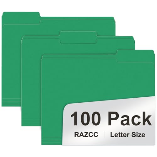 File Folder, RAZCC 100 Pack 1/3 Cut Tab File Folders Letter Size, Creen, Colored Folders with Tab Great for Organizing and Easy File Storage